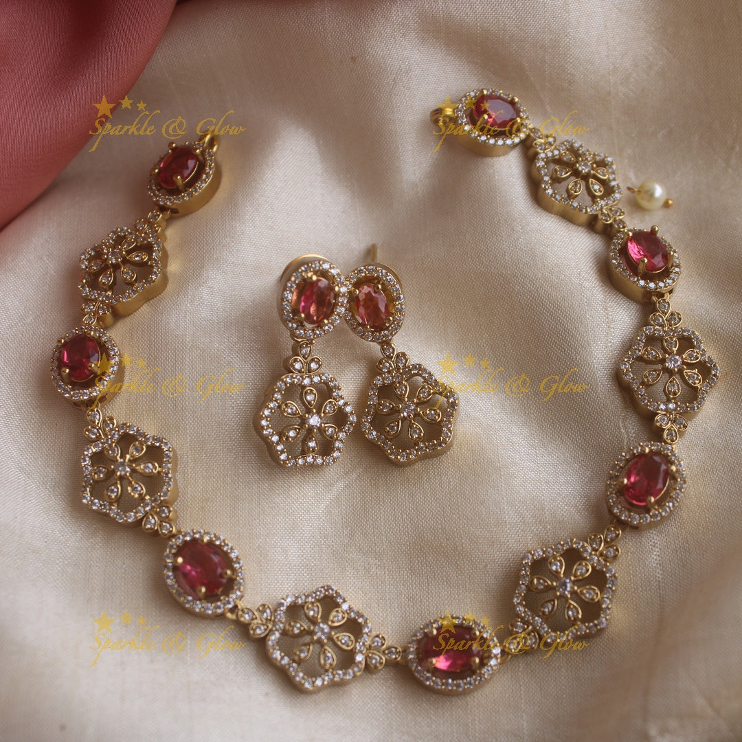 Beautiful Floral and oval ruby stone AD short necklace