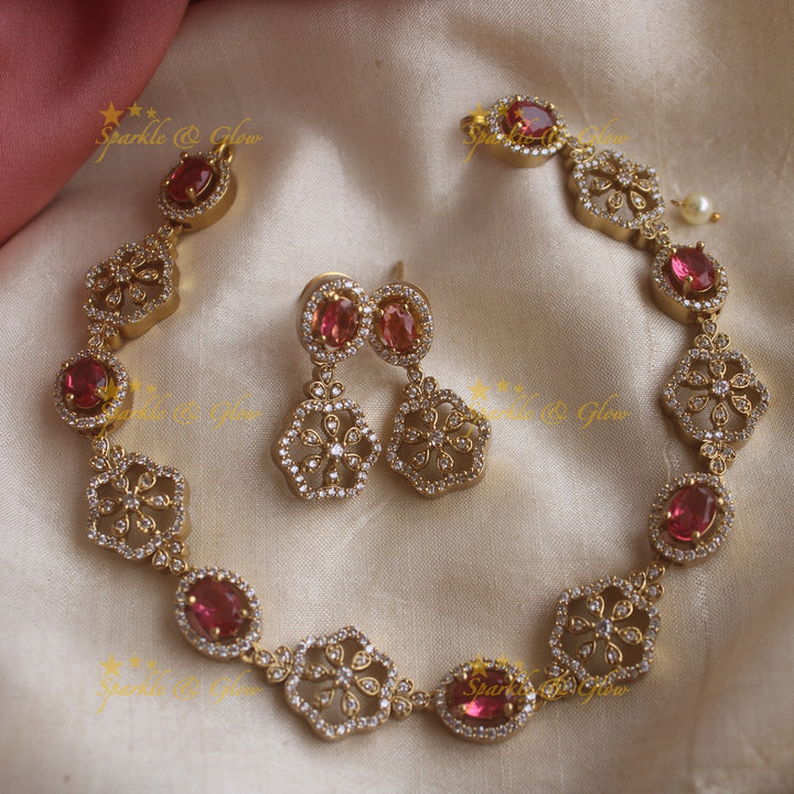 Beautiful Floral and oval ruby stone AD short necklace