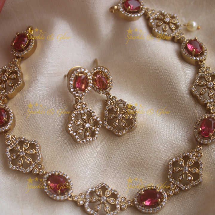 Beautiful Floral and oval ruby stone AD short necklace