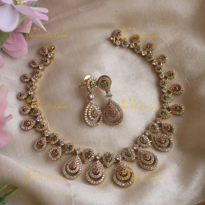 Stunning Water drop design AD short necklace with ruby and emerald stones