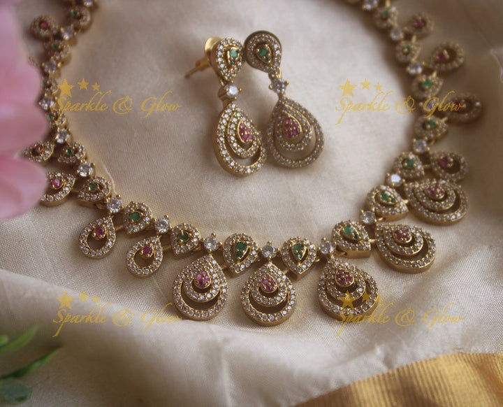 Stunning Water drop design AD short necklace with ruby and emerald stones