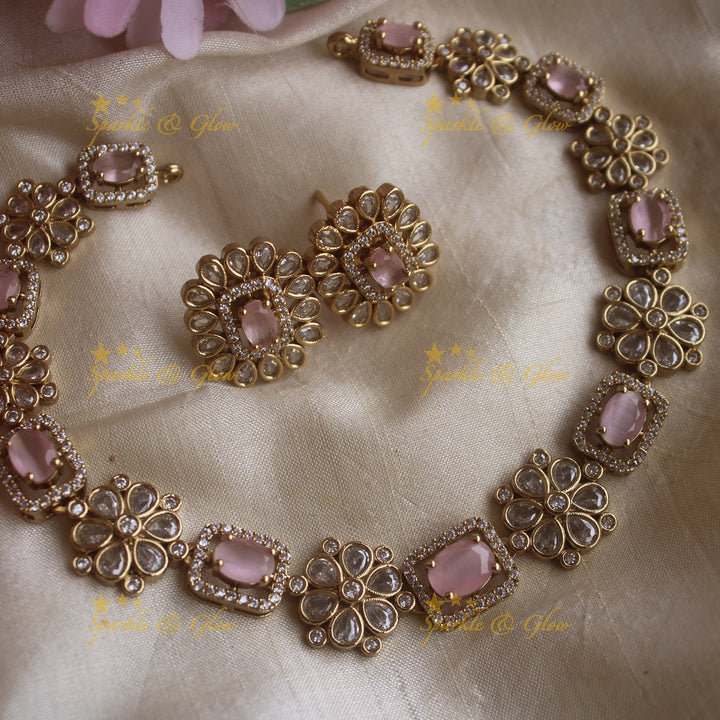 Beautiful floral and rectangle design AD short necklace with baby pink stones