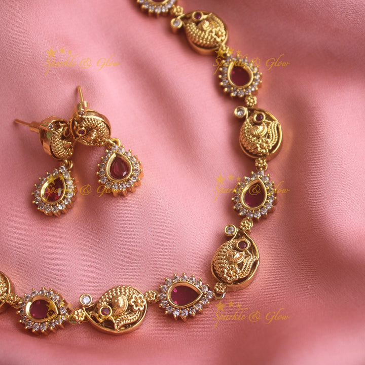 Statement Peacock and water drop design short necklace with ruby and CZ stones