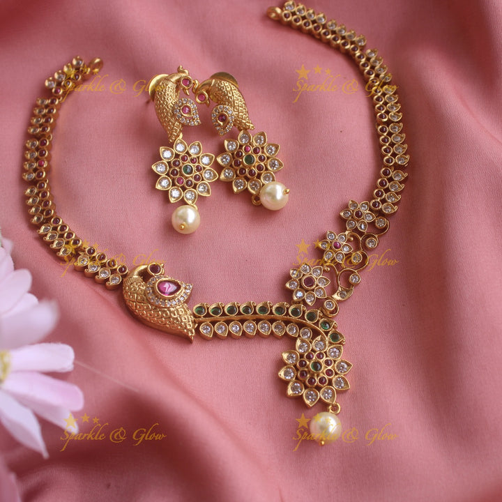 Beautiful Peacock and floral design short necklace with CZ stones and pearl drop