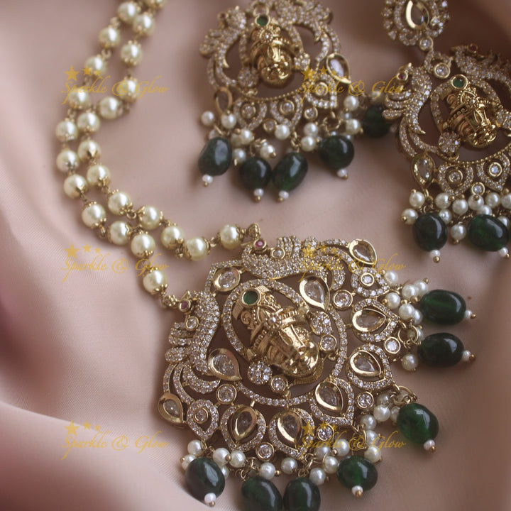 Beautiful Balaji and Peacock carved pendant Victorian AD haram with pearl chain and green beads