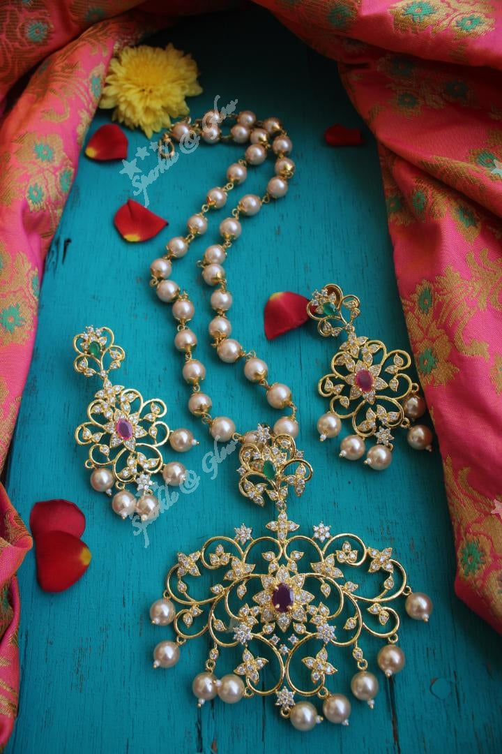 Ad stones pendent pearl chain with earrings