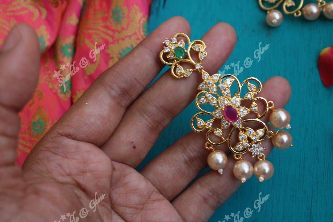Ad stones pendent pearl chain with earrings