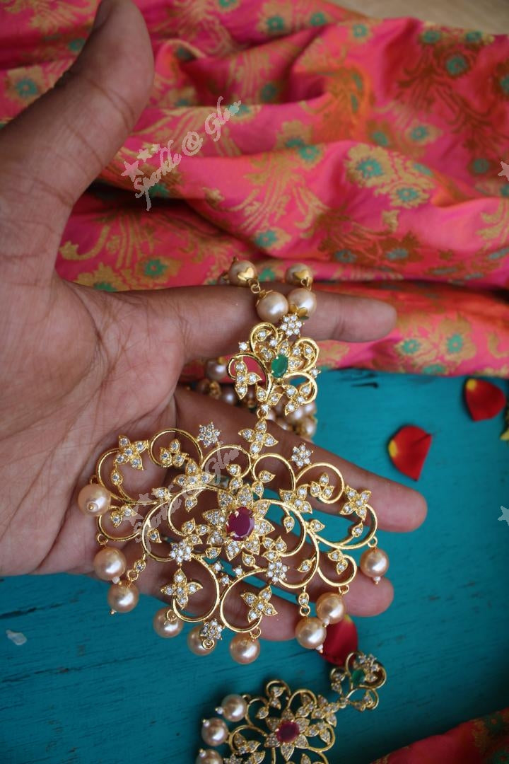 Ad stones pendent pearl chain with earrings