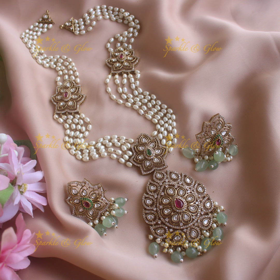 Stunning Floral and leaf design pendant Victorian AD haram with multi layer pearl chain and mint green beads