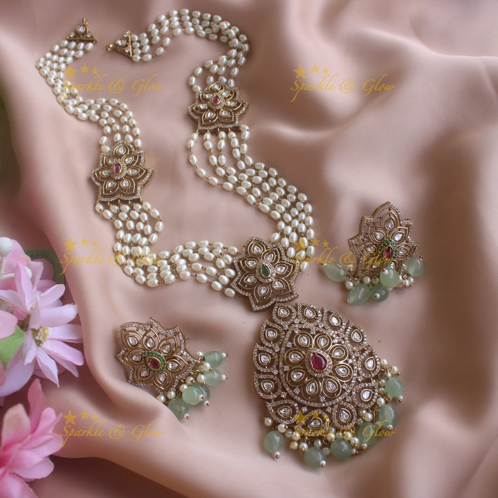 Stunning Floral and leaf design pendant Victorian AD haram with multi layer pearl chain and mint green beads