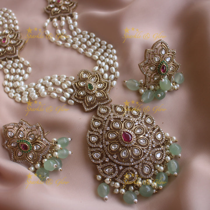Stunning Floral and leaf design pendant Victorian AD haram with multi layer pearl chain and mint green beads