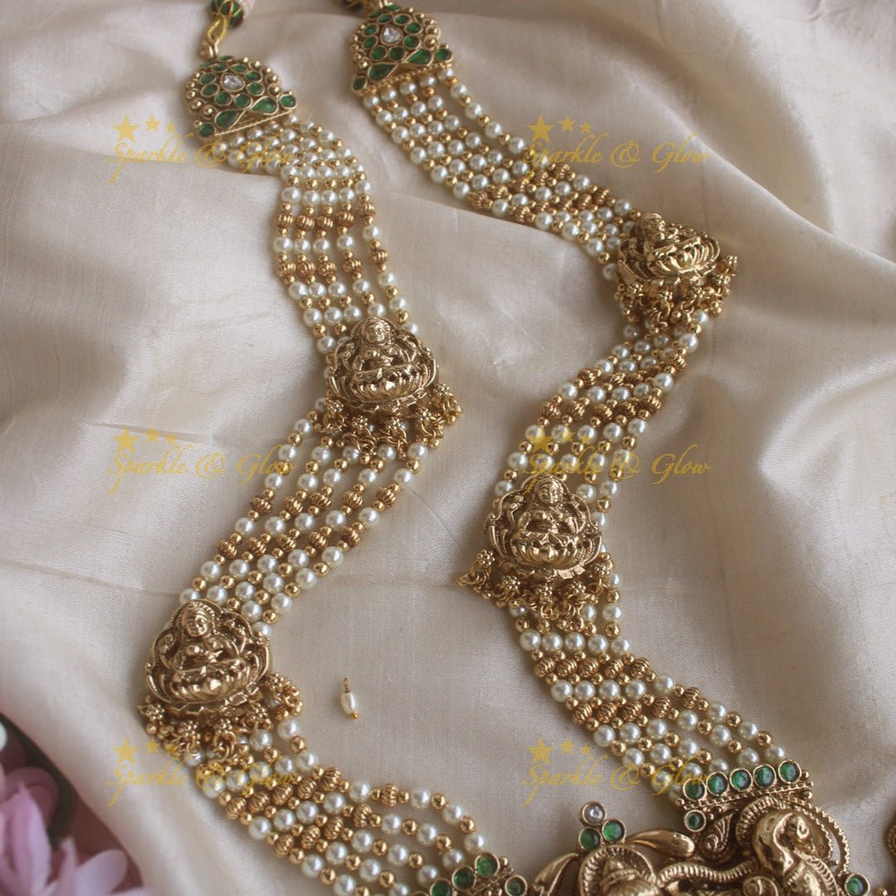 Stunning Lakshmi peacock pendant haram with multi layer pearl and gold beads chain with emerald stones - gold - Sparkle and Glow - Gold - Back Thread