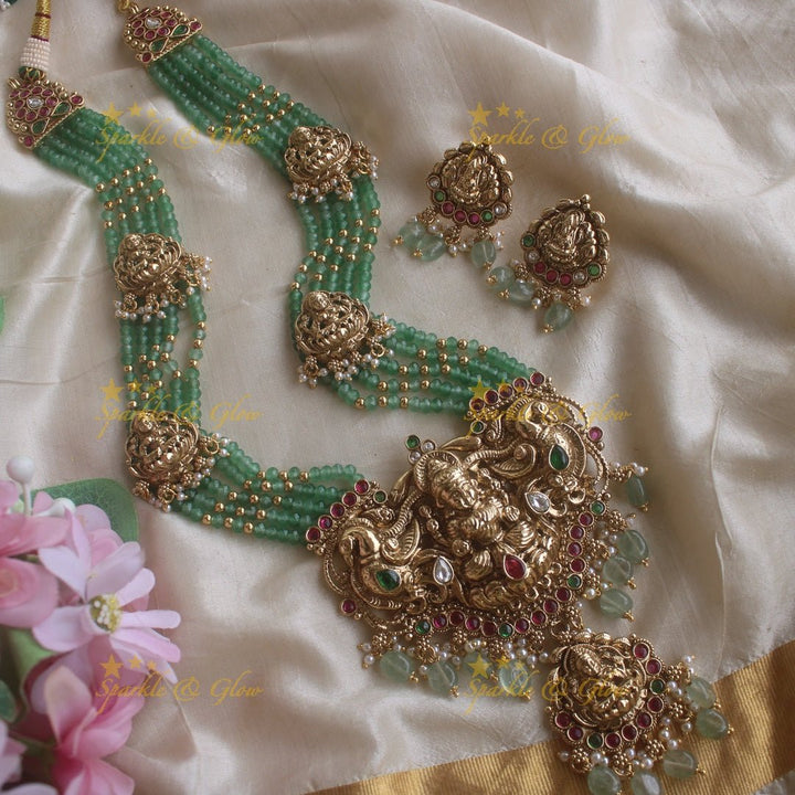 Beautiful Lakshmi peacock pendant haram with multi layer mint green beads chain and stones - mint green - Sparkle and Glow - Multigold - Back Thread