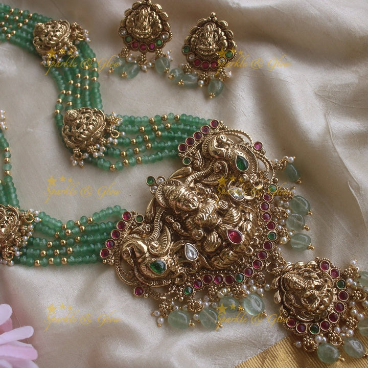 Beautiful Lakshmi peacock pendant haram with multi layer mint green beads chain and stones - mint green - Sparkle and Glow - Mintgreen - Back Thread