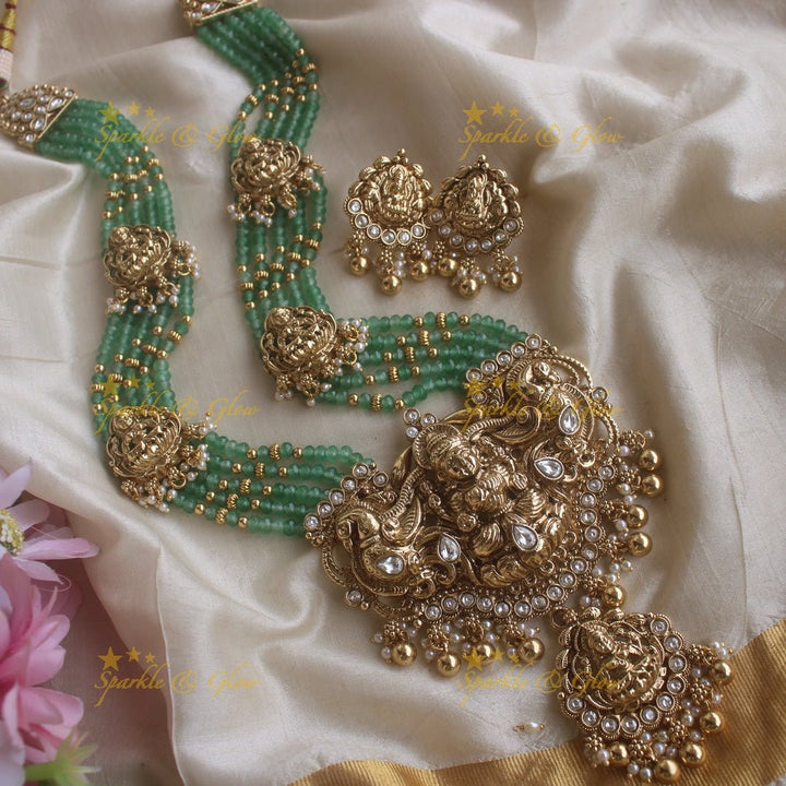Beautiful Lakshmi peacock pendant haram with multi layer mint green beads chain and stones - mint green - Sparkle and Glow - Mintgreen - Back Thread