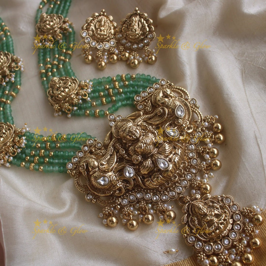 Beautiful Lakshmi peacock pendant haram with multi layer mint green beads chain and stones - mint green - Sparkle and Glow - Whitegold - Back Thread