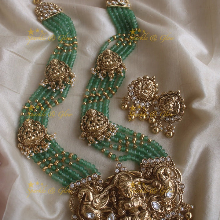 Beautiful Lakshmi peacock pendant haram with multi layer mint green beads chain and stones - mint green - Sparkle and Glow - Multigold - Back Thread