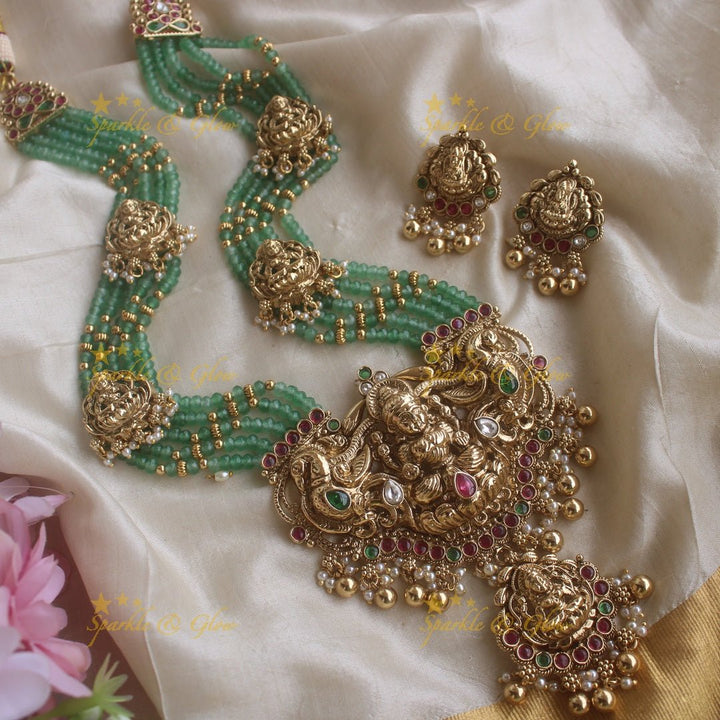 Beautiful Lakshmi peacock pendant haram with multi layer mint green beads chain and stones - mint green - Sparkle and Glow - Mintgreen - Back Thread