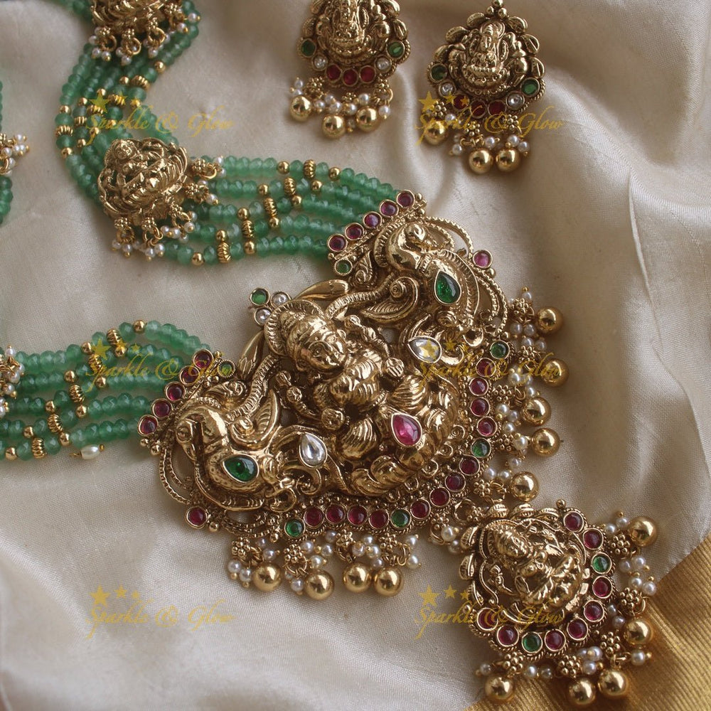 Beautiful Lakshmi peacock pendant haram with multi layer mint green beads chain and stones - mint green - Sparkle and Glow - Multigold - Back Thread