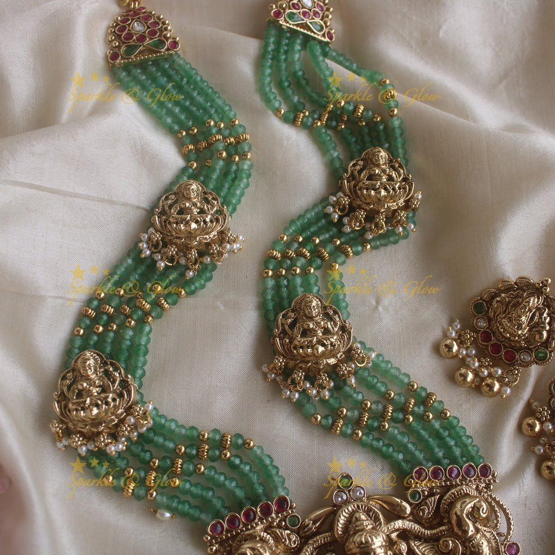 Beautiful Lakshmi peacock pendant haram with multi layer mint green beads chain and stones - mint green - Sparkle and Glow - Multigold - Back Thread