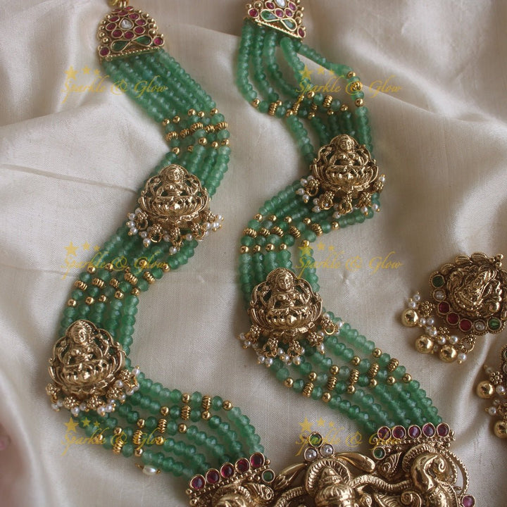 Beautiful Lakshmi peacock pendant haram with multi layer mint green beads chain and stones - mint green - Sparkle and Glow - Multigold - Back Thread