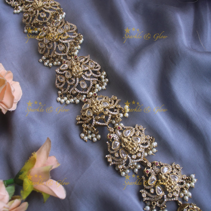 Beautiful Lakshmi peacock carved medium size victorian jadabilla with pearls and beads