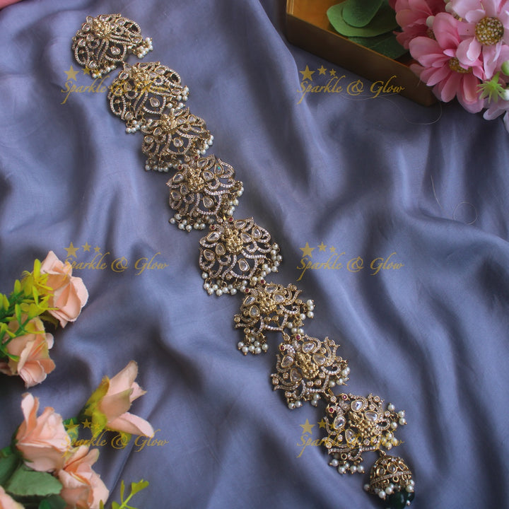 Beautiful Lakshmi peacock carved medium size victorian jadabilla with pearls and beads