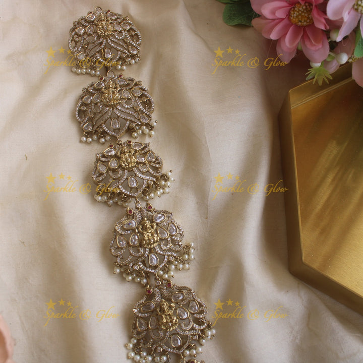 Beautiful Lakshmi peacock carved medium size victorian jadabilla with pearls and beads