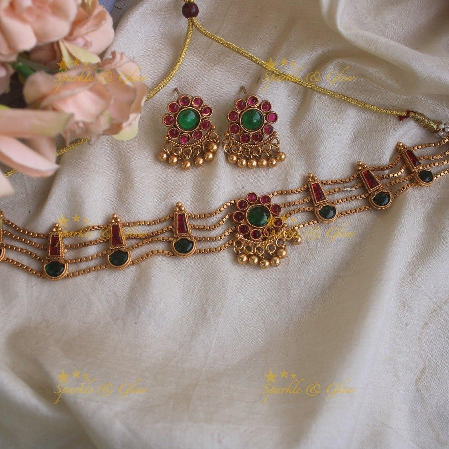 Elegant Floral design four line kemp stone choker with gold beads - red green - Sparkle and Glow