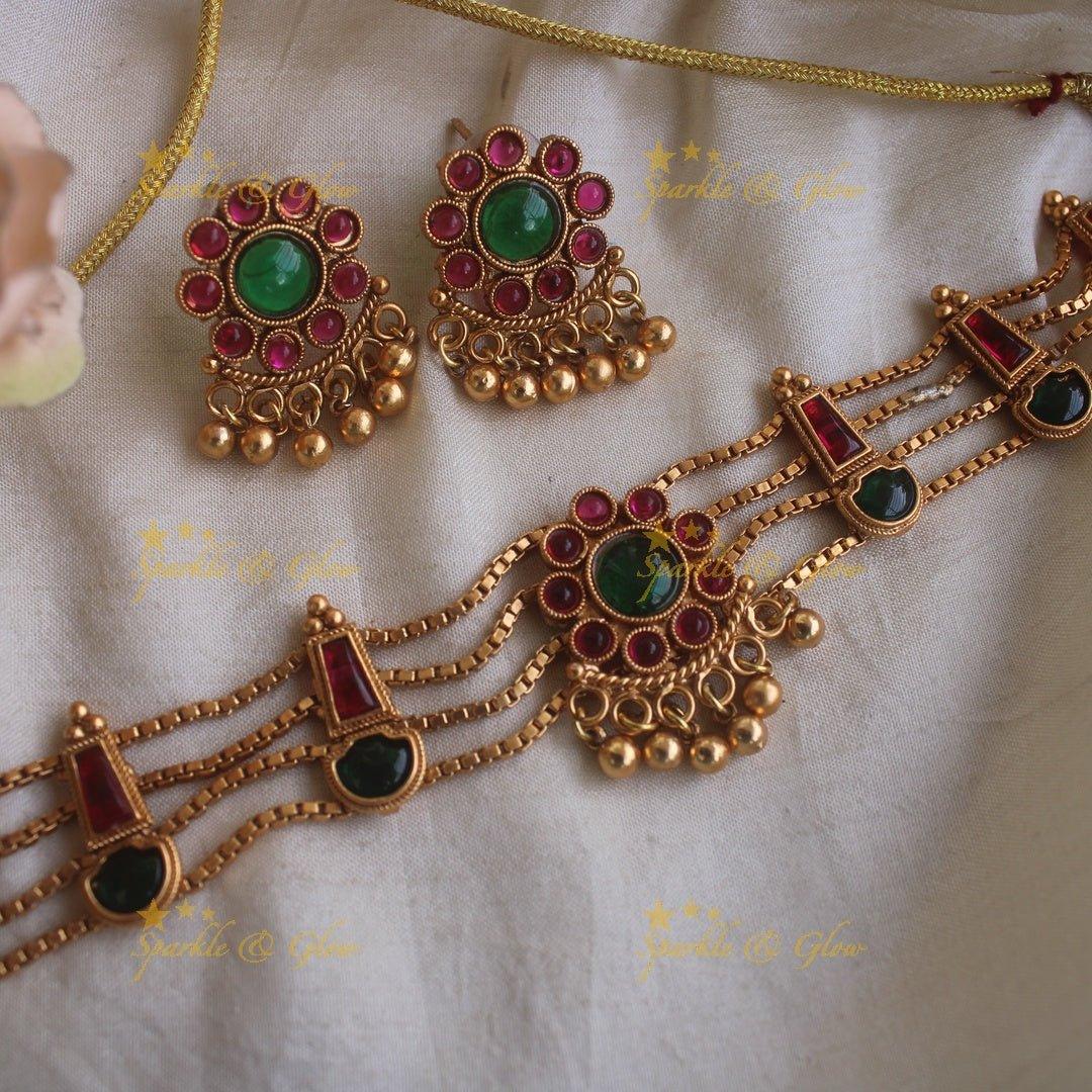 Elegant Floral design four line kemp stone choker with gold beads - red green - Sparkle and Glow