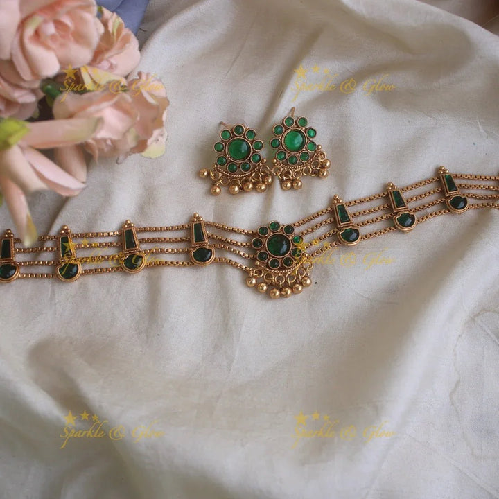 Elegant Floral design four line kemp stone choker with gold beads - red green - Sparkle and Glow