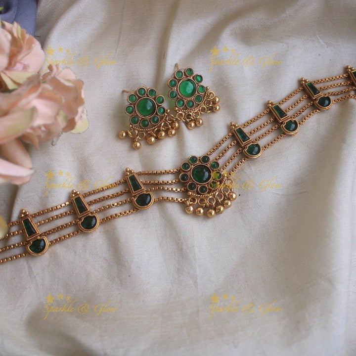 Elegant Floral design four line kemp stone choker with gold beads - red green - Sparkle and Glow