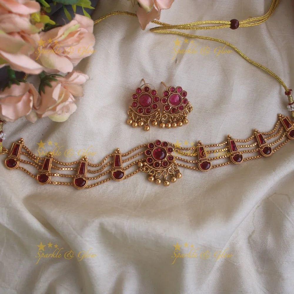 Elegant Floral design four line kemp stone choker with gold beads - red green - Sparkle and Glow