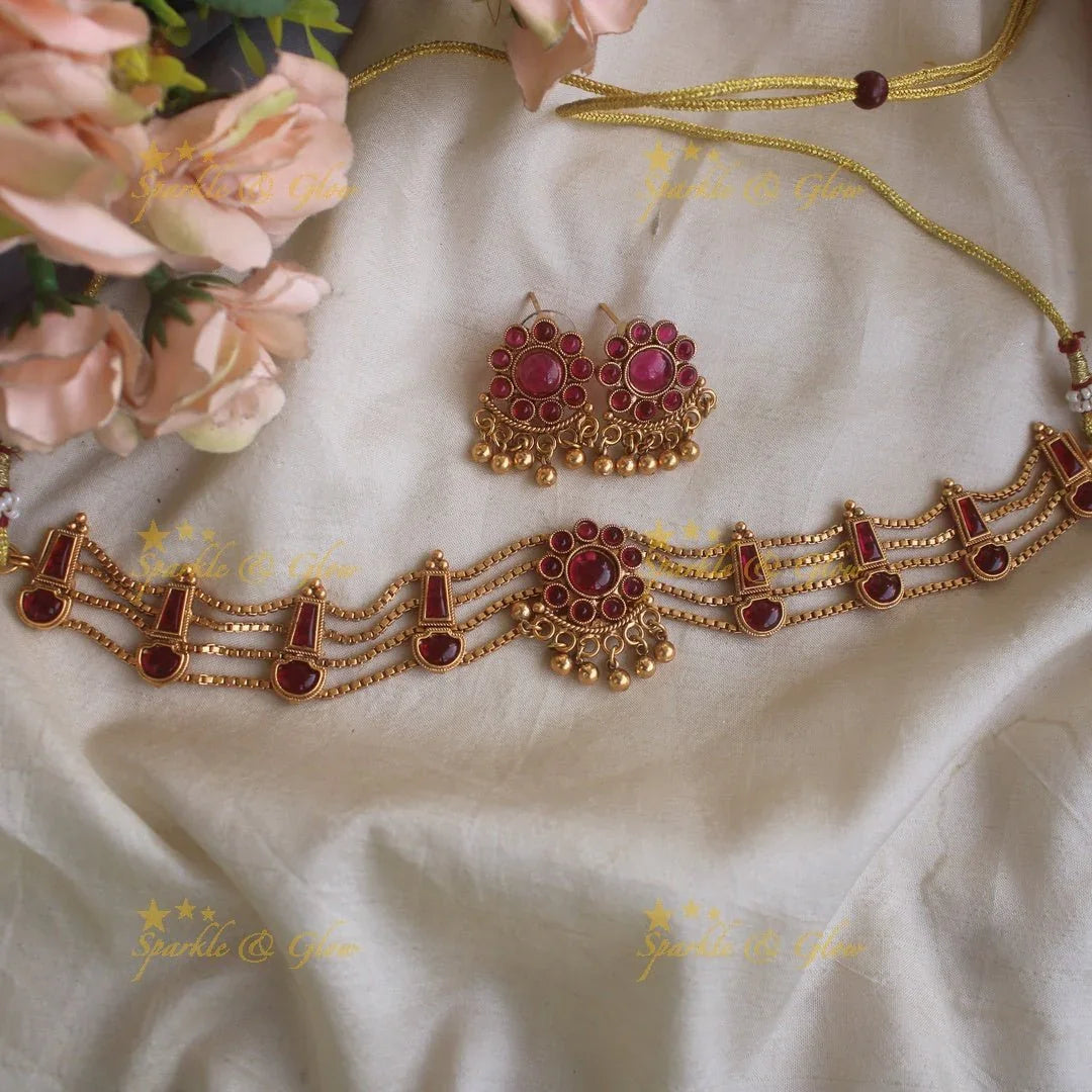 Elegant Floral design four line kemp stone choker with gold beads - red green - Sparkle and Glow