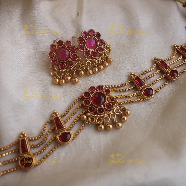 Elegant Floral design four line kemp stone choker with gold beads - red green - Sparkle and Glow