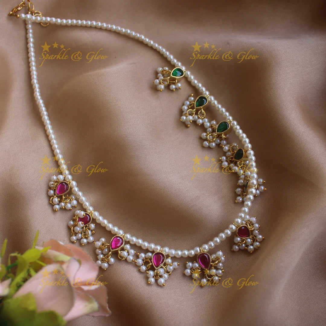 Beautiful Water drop design kundan pearl reversible short necklace - pink navaratna - Sparkle and Glow