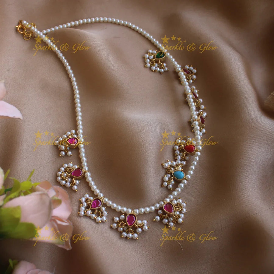 Beautiful Water drop design kundan pearl reversible short necklace - pink navaratna - Sparkle and Glow