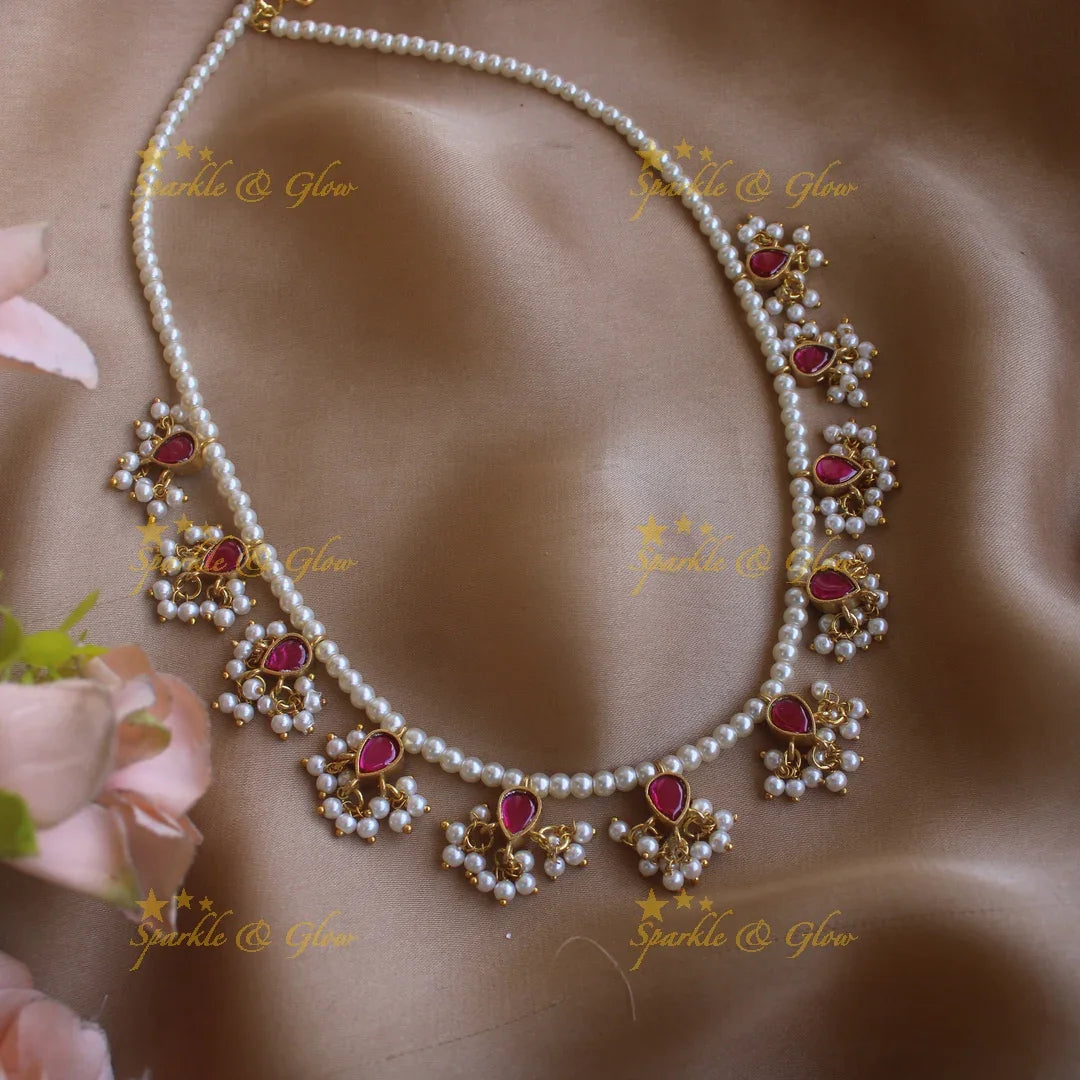 Beautiful Water drop design kundan pearl reversible short necklace - pink navaratna - Sparkle and Glow