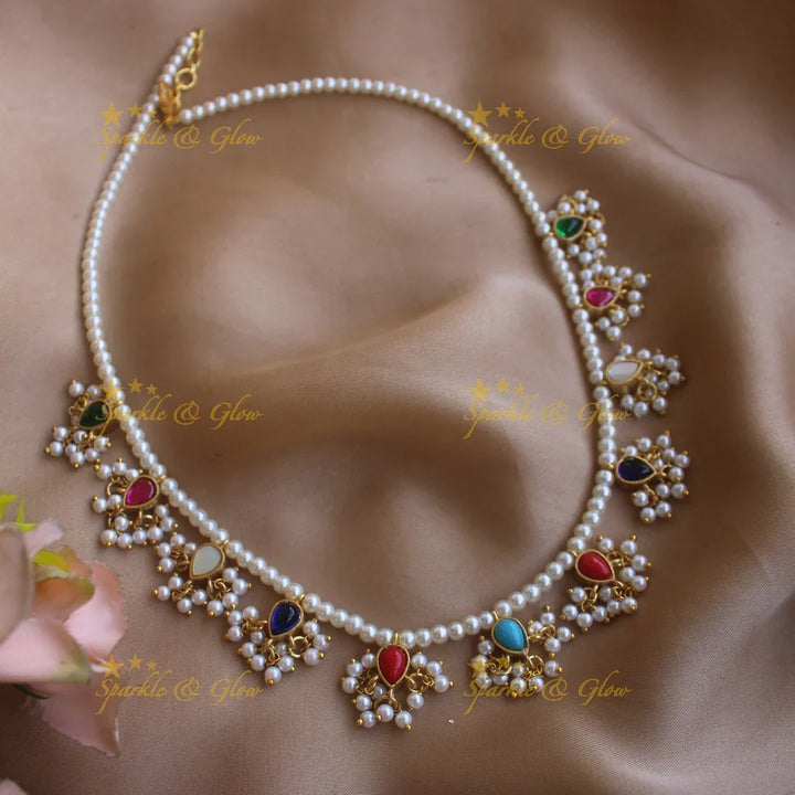 Beautiful Water drop design kundan pearl reversible short necklace - pink navaratna - Sparkle and Glow