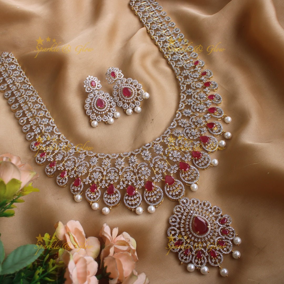 Sparkling Floral leaflet design american diamond long necklace with emerald and pearl drops - Sparkle and Glow - Back Thread - 
