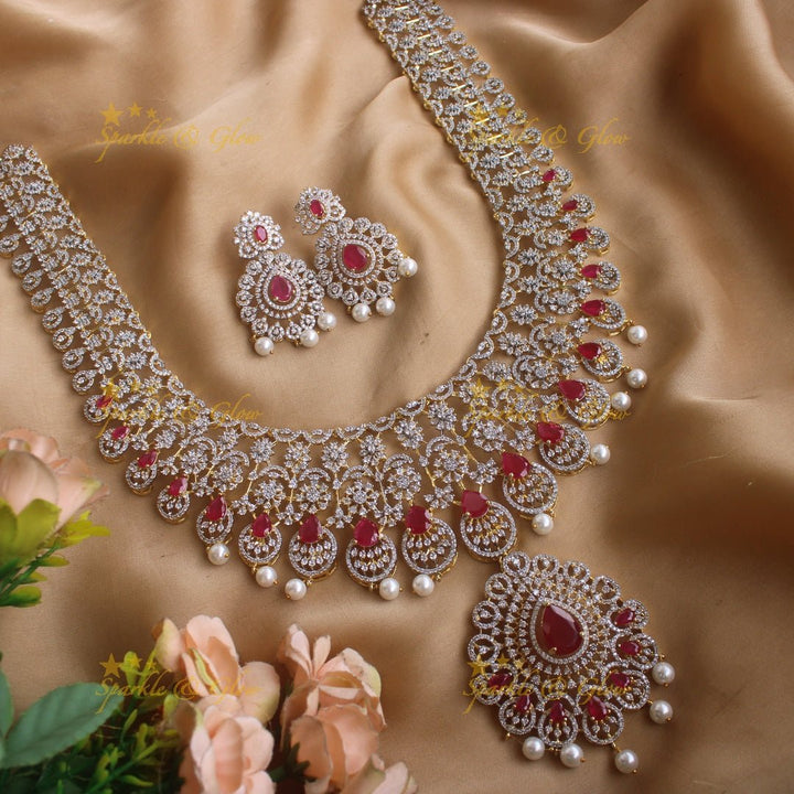 Sparkling Floral leaflet design american diamond long necklace with emerald and pearl drops - Sparkle and Glow - Back Thread - 