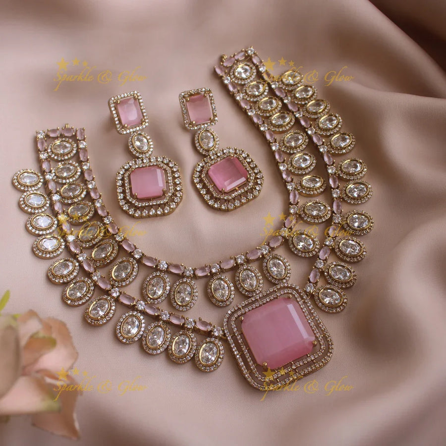 Stunning oval and square stone two layer american diamond short necklace - baby pink - Sparkle and Glow