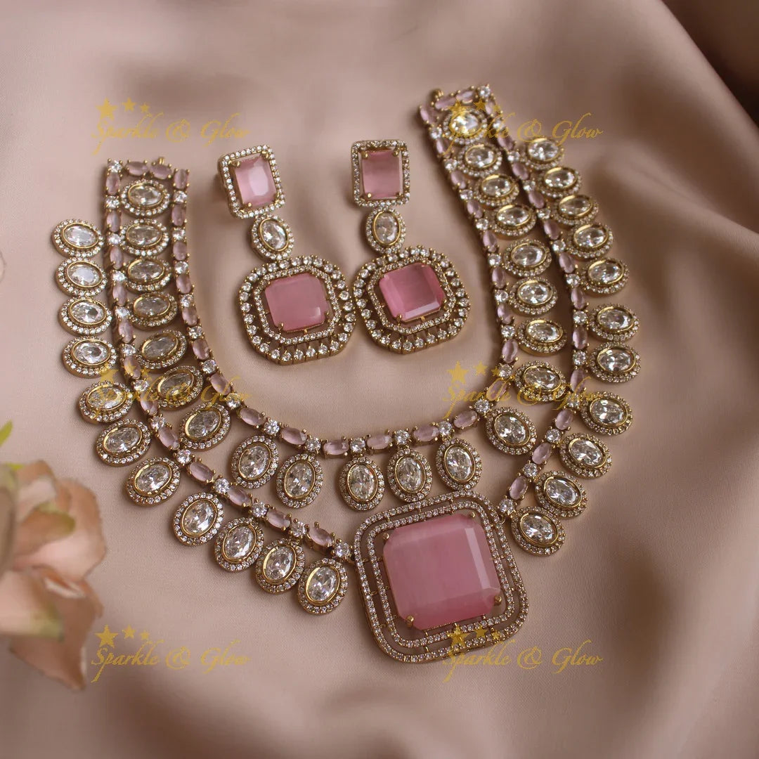 Stunning oval and square stone two layer american diamond short necklace - baby pink - Sparkle and Glow
