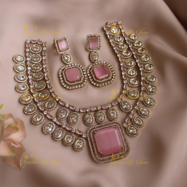 Stunning oval and square stone two layer american diamond short necklace - baby pink - Sparkle and Glow