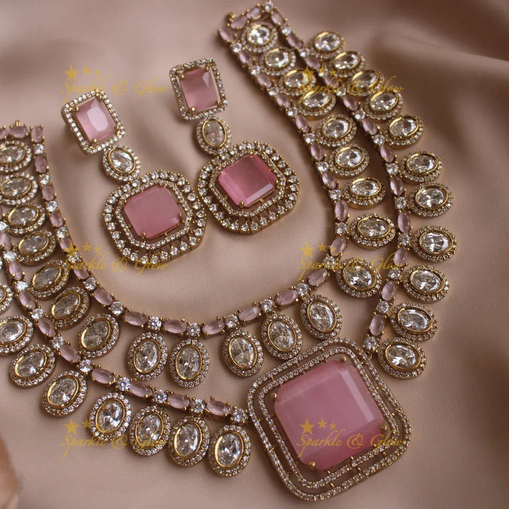 Stunning oval and square stone two layer american diamond short necklace - baby pink - Sparkle and Glow