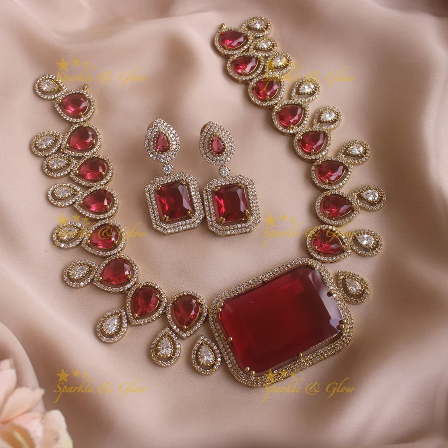 Gorgeous water drop design and rectangle stone american diamond short necklace - red - Sparkle and Glow