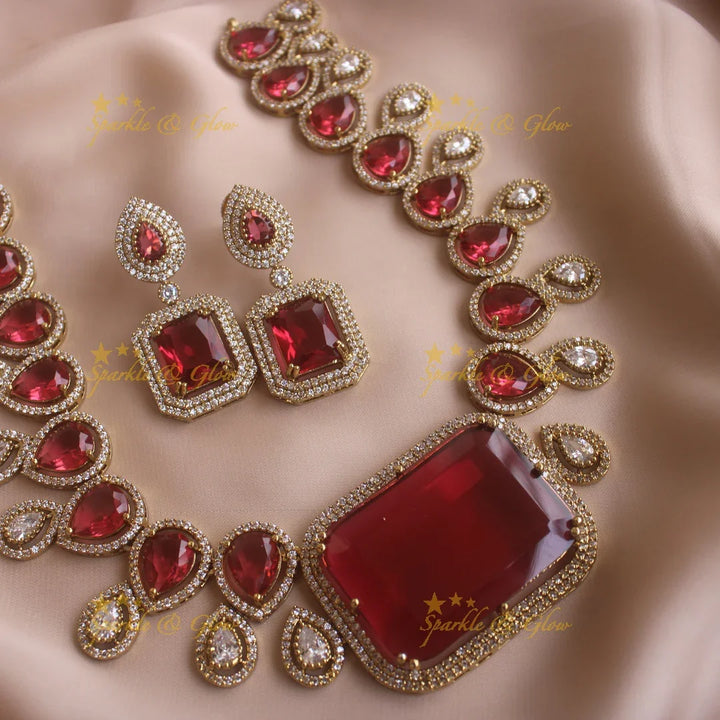 Gorgeous water drop design and rectangle stone american diamond short necklace - red - Sparkle and Glow