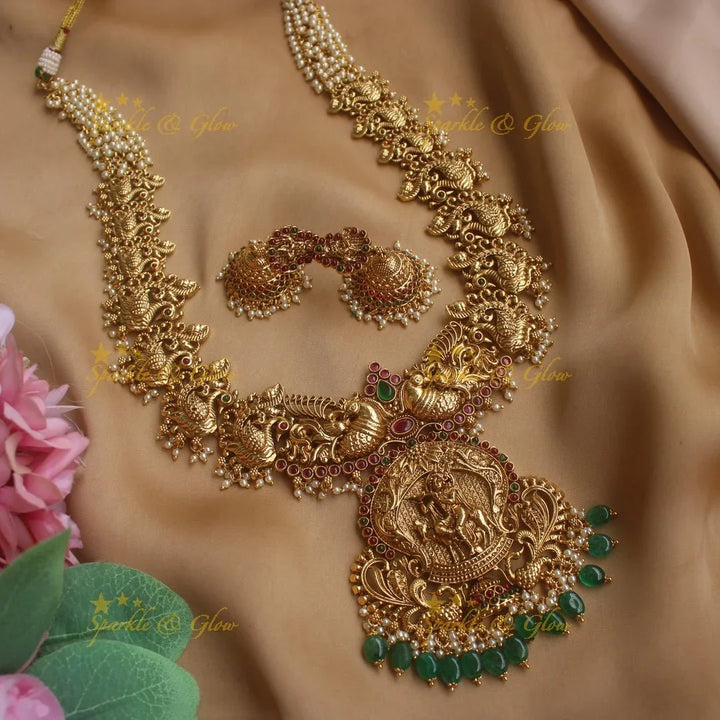 Grand Krishna Peacock carved Pearl cluster Haram with Gold beads - Sparkle and Glow