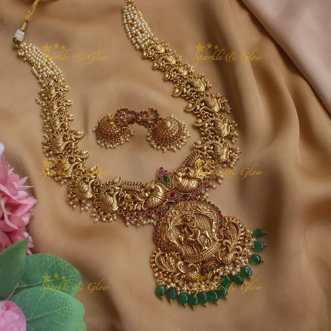Grand Krishna Peacock carved Pearl cluster Haram with Gold beads - Sparkle and Glow
