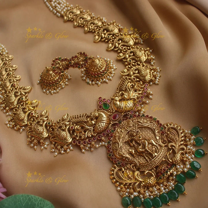 Grand Krishna Peacock carved Pearl cluster Haram with Gold beads - Sparkle and Glow